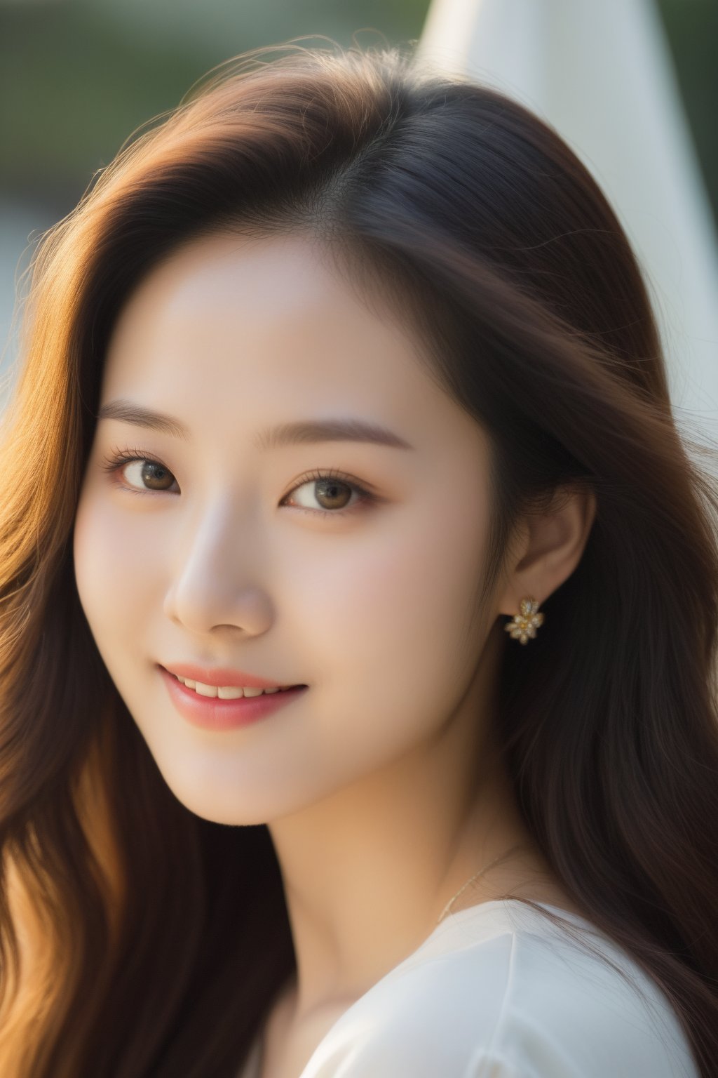 Portrait of a radiant 20-year-old Korean woman, gazing directly into the lens with a warm, bright smile. Her piercing eyes sparkle as she stands proudly, her long, luscious hair billowing gently in the breeze like a golden veil. Softly lit, with a warm glow that accentuates her porcelain complexion and plump lips.