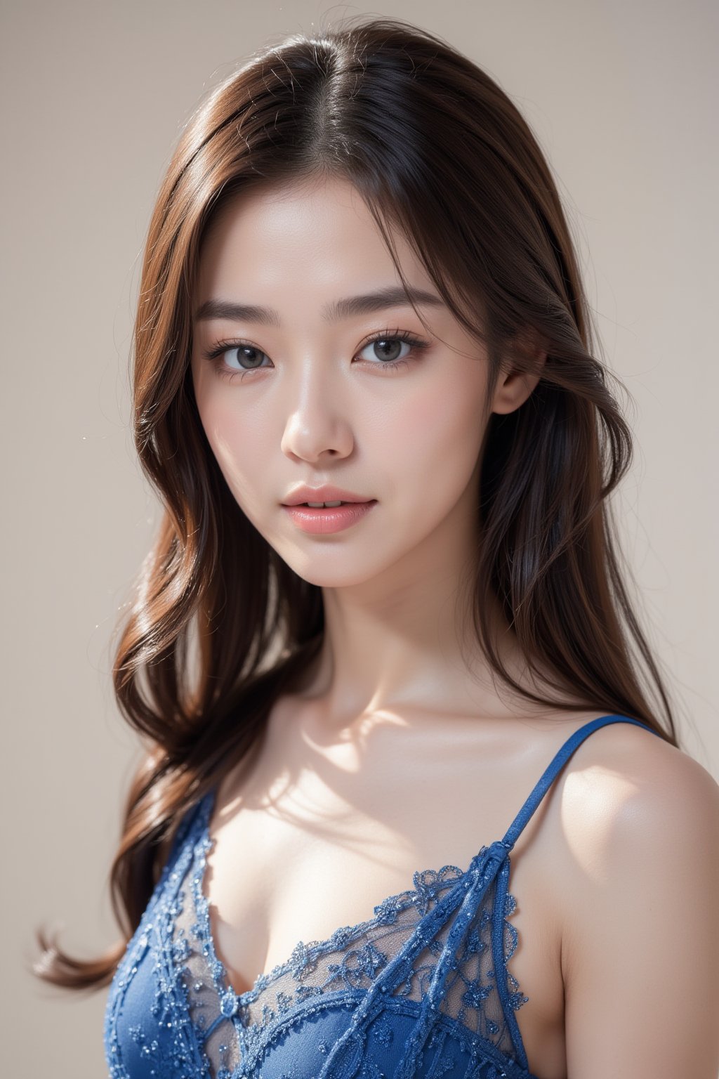 A serene Korean woman stands confidently against a soft focus, creamy background, her piercing blue eyes, reminiscent of sapphire gemstones, shining with an inner radiance. The gentle, diffused lighting highlights her porcelain complexion, emphasizing subtle features. Her gaze, direct and unwavering, conveys excellence as she meets the camera's lens, exuding poise and confidence in a stunning blue dress, with intricate details on her face.