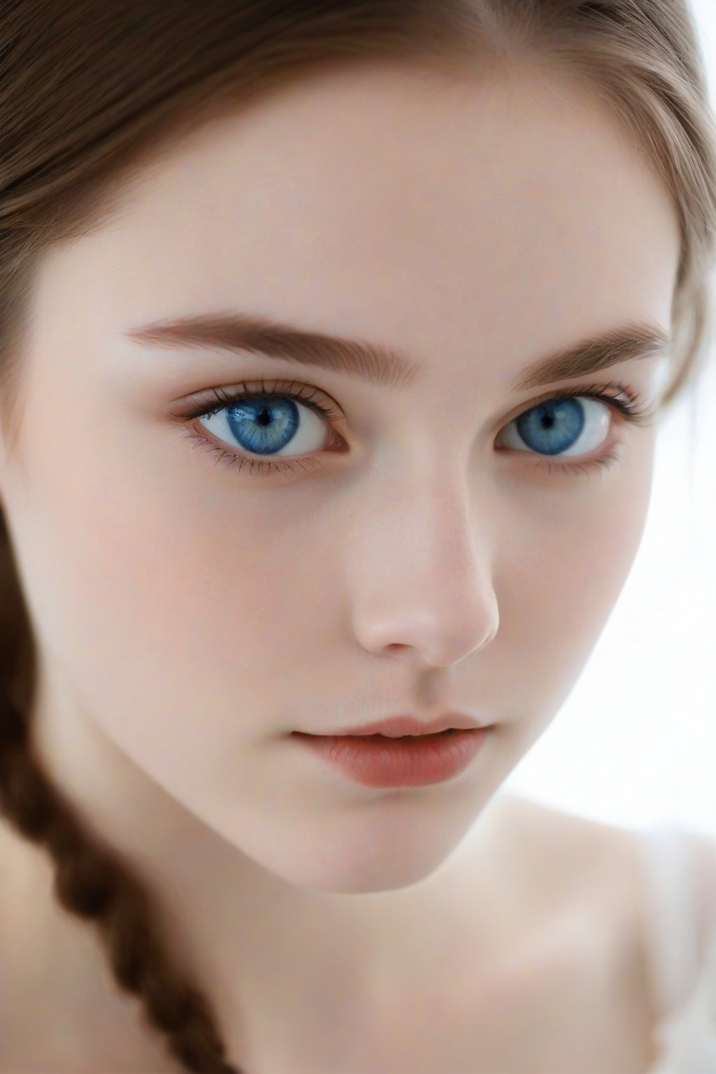  A delicate, serene girl sits calmly against a pure white backdrop, bathed in soft, diffused lighting that accentuates her porcelain complexion and subtle features. Her piercing blue eyes, like sapphires shining with an inner radiance, lock onto the camera lens, inviting the viewer to partake in her contemplative silence.