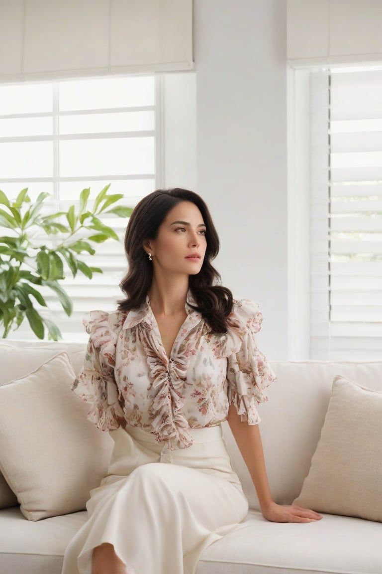 A serene woman sits elegantly on a plush white sofa, her dark hair flowing like silk over her shoulders. She wears a flowery shirt with a crisp white collar and delicate necklace. Her left hand rests on her hip, grounding her posture. The sofa's ruffles add tactile interest to the composition. Against the stark white backdrop, vertical blinds conceal the window, while a lamp shade and black-and-white photograph create visual intrigue beside her.