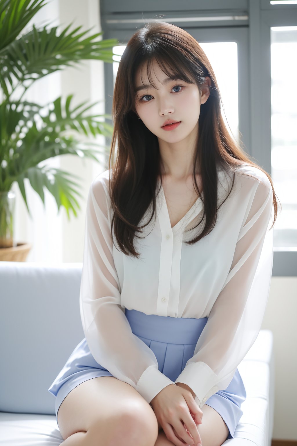 A Korean woman with a soft smile, sapphire blue eyes that draw people in, a white blouse and miniskirt, a cute and lovely face, a gentle breeze blowing behind the background and soft sunlight