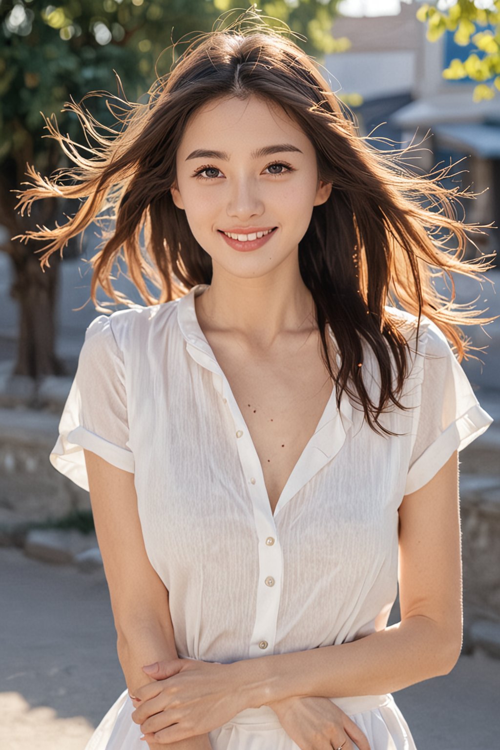 A Korean woman with a soft smile, sapphire blue eyes that draw people in, a white blouse and miniskirt, a cute and lovely face, a gentle breeze blowing behind the background and soft sunlight