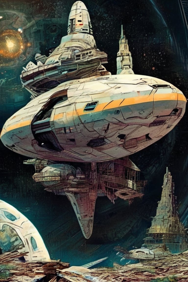 (generate sci-fi novella book cover:1.4), in the style of star trek ; there is a spaceship, it is an imposing exploration spaceship and it appears battered and worn, as if it had weathered a brutal attack ; Debris trails linger in the surrounding space, a grim reminder of the ship's struggles ; pastel ; vintage colors ;,Alien