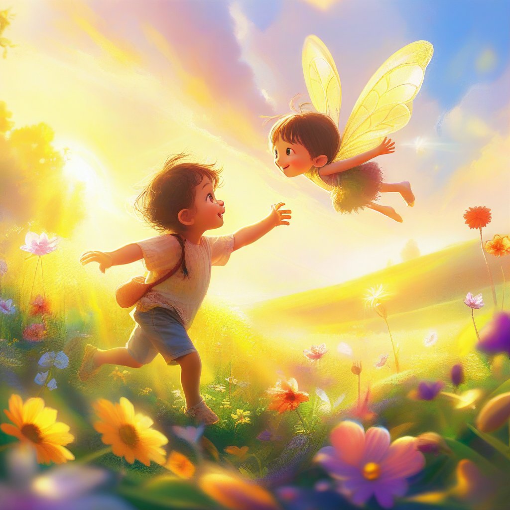 A vibrant image of a child in playful pursuit of a mischievous pixie, darting through a sprawling field of colorful flowers under a sunny sky. The child's expression is one of joyful surprise, arms outstretched, with the pixie just within reach, its wings shimmering in the sunlight. The field is lush, with a variety of flowers creating a patchwork of hues, and the background gently blurs to emphasize the action in the foreground. The lighting is soft and warm, enhancing the magical atmosphere of the scene.