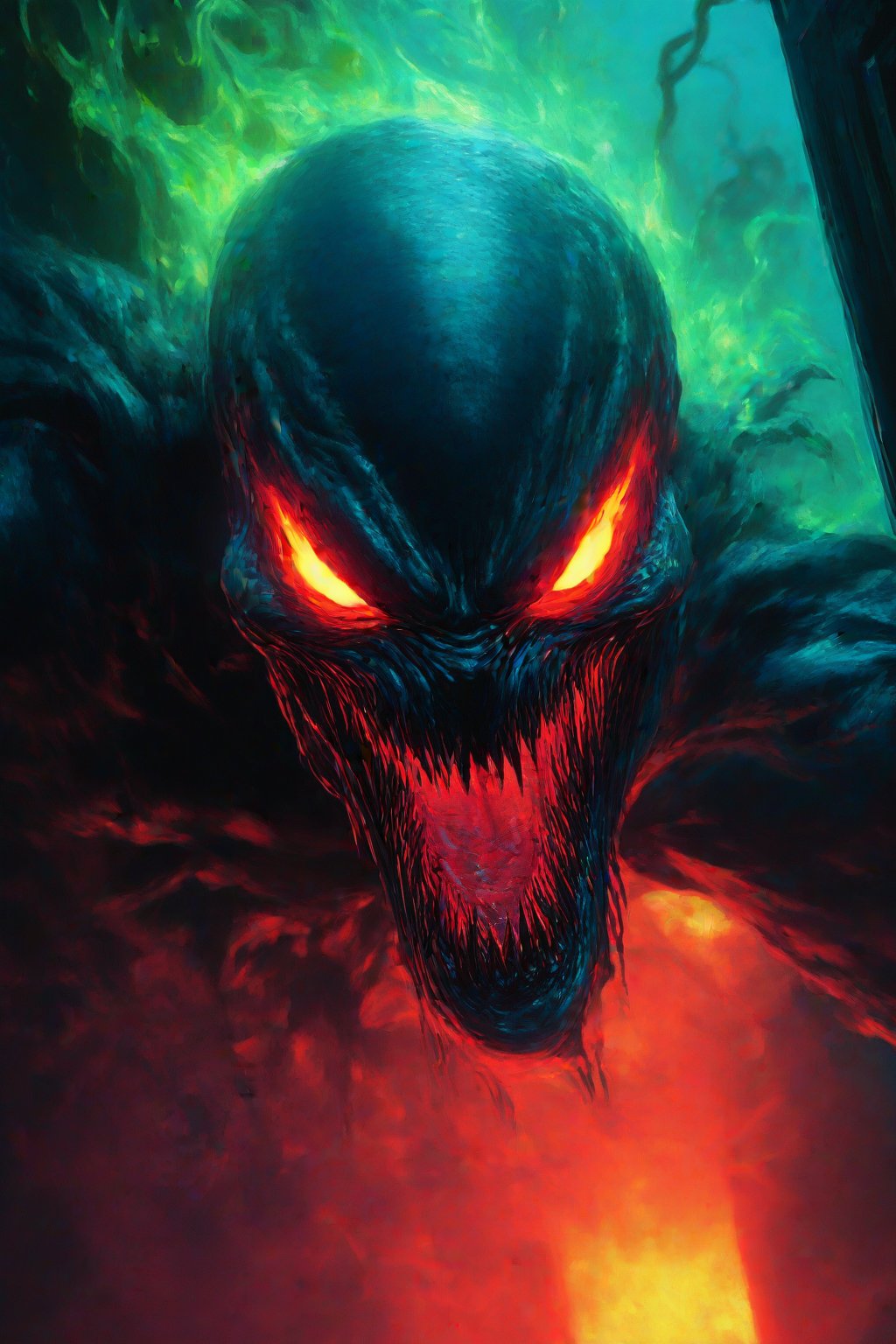 Venom's grotesque face fills the frame, eerie green glow casting an ominous light on his features. Red-hot eyes blaze like embers, fueled by the alien symbiote's power. The dark alleyway backdrop blurs into chaos behind him, while his snarling mouth seems poised to strike at any moment.