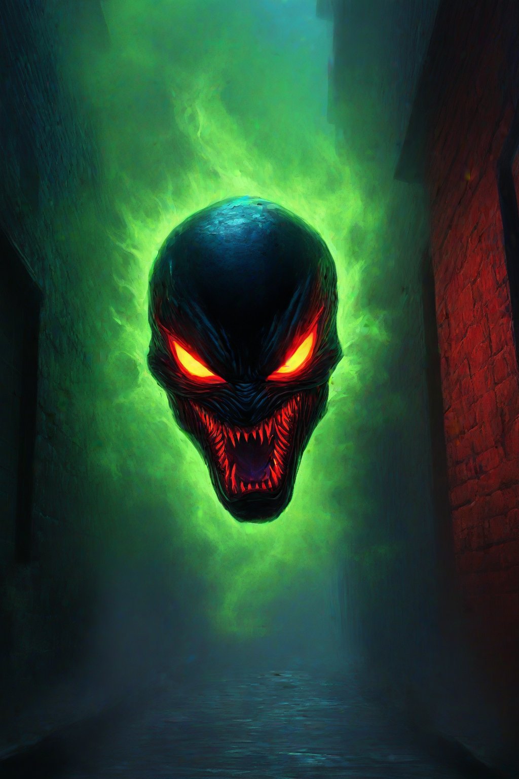 Venom's grotesque face fills the frame, eerie green glow casting an ominous light on his features. Red-hot eyes blaze like embers, fueled by the alien symbiote's power. The dark alleyway backdrop blurs into chaos behind him, while his snarling mouth seems poised to strike at any moment.