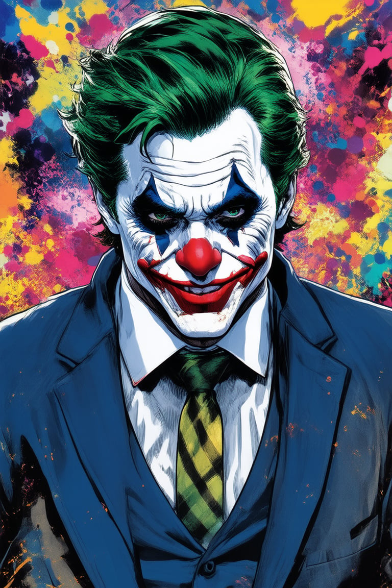 Comic Art Illustration Style,  the joker with colorful paint splatters on his face, solo, looking at viewer, shirt, red eyes, 1boy, male focus, necktie, formal, suit, clown