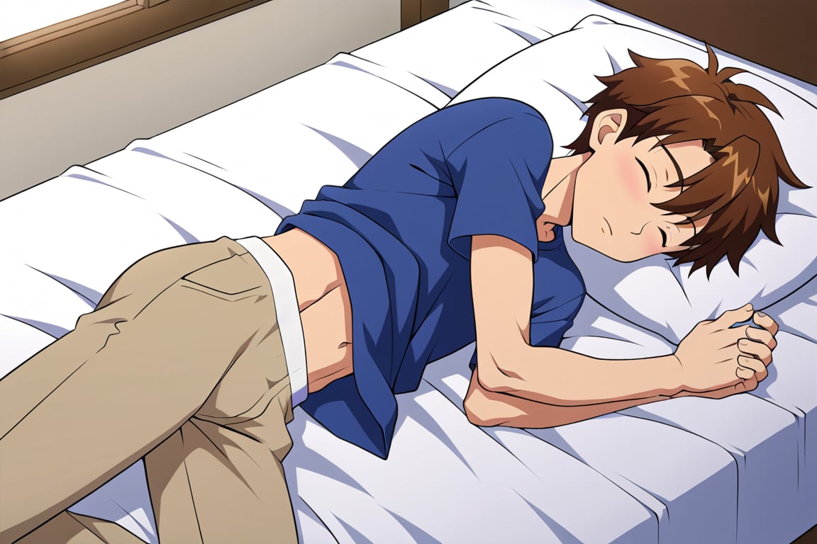 Taichi, 10 years old, without clothes, without a shirt, without pants, sleeps in bed uncovered, with his brown hair disheveled, you can see his whole body. He is sleeping upright, you can see his stomach.