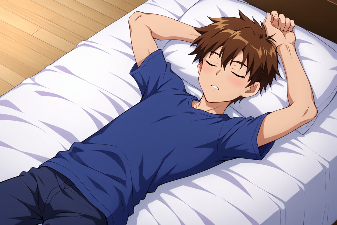 Taichi, 10 years old, taichi without clothes, without a shirt, without pants, sleeps in bed uncovered, with his brown hair disheveled, you can see his whole body. He is sleeping upright, you can see his stomach.