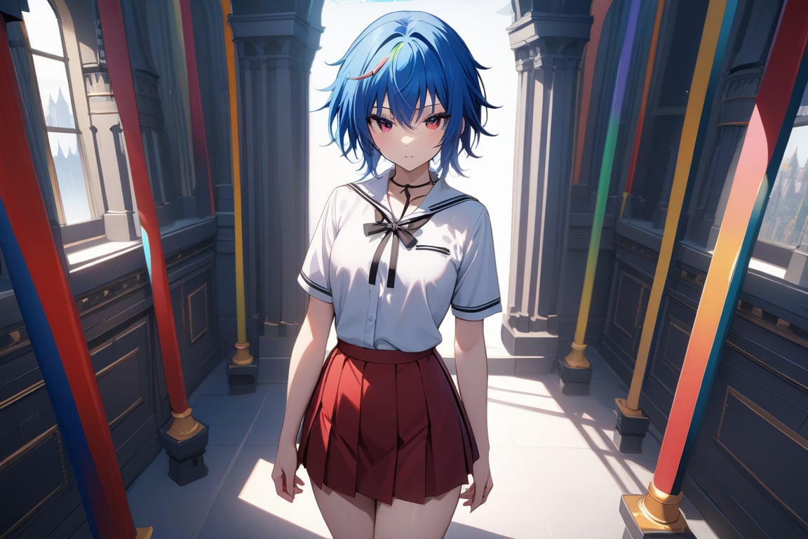 masterpiece, (intricate details), (colorful), extremely detailed, female, blue hair, short, looking at viewer, xenoviaquarta, shirt, ribbon, school uniform, white shirt, black ribbon, ribbon on neck, short sleeves, skirt, red skirt, interior, dark castle, shadows, looking at viewer, alone,