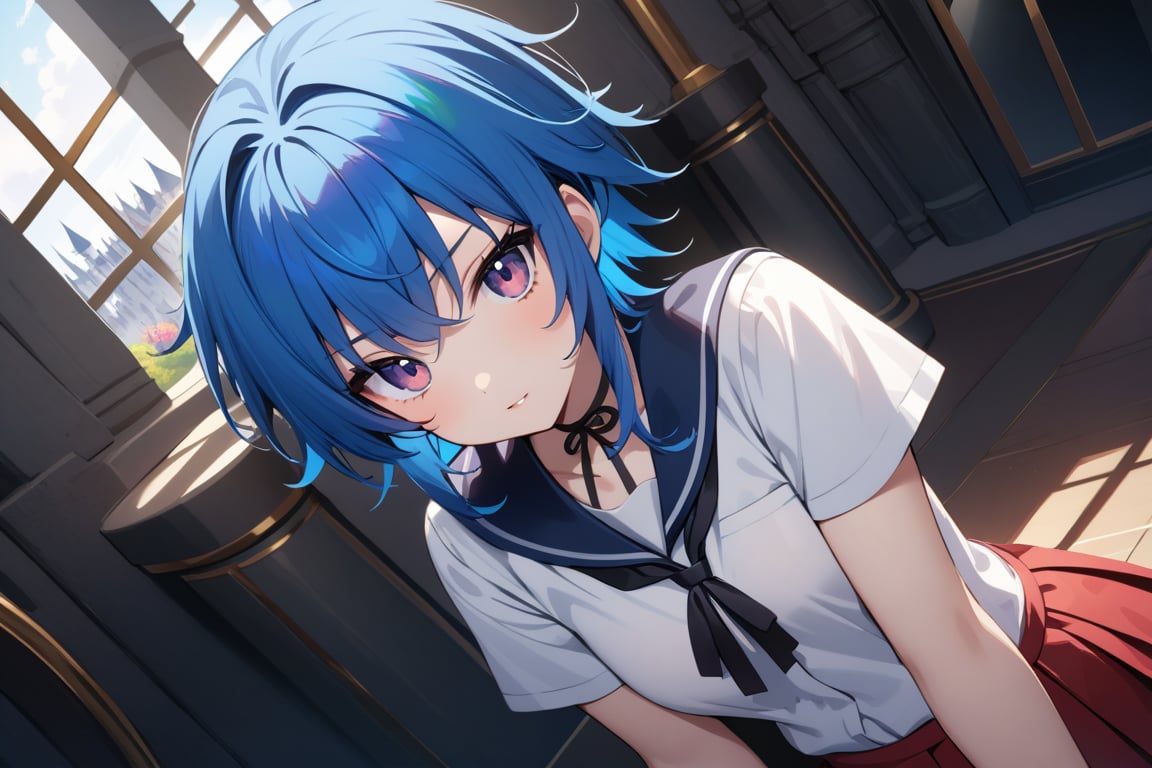 masterpiece, (intricate details), (colorful), extremely detailed, female, blue hair, short, looking at viewer, xenoviaquarta, shirt, ribbon, school uniform, white shirt, black ribbon, ribbon on neck, short sleeves, skirt, red skirt, interior, dark castle, shadows, looking at viewer, alone,