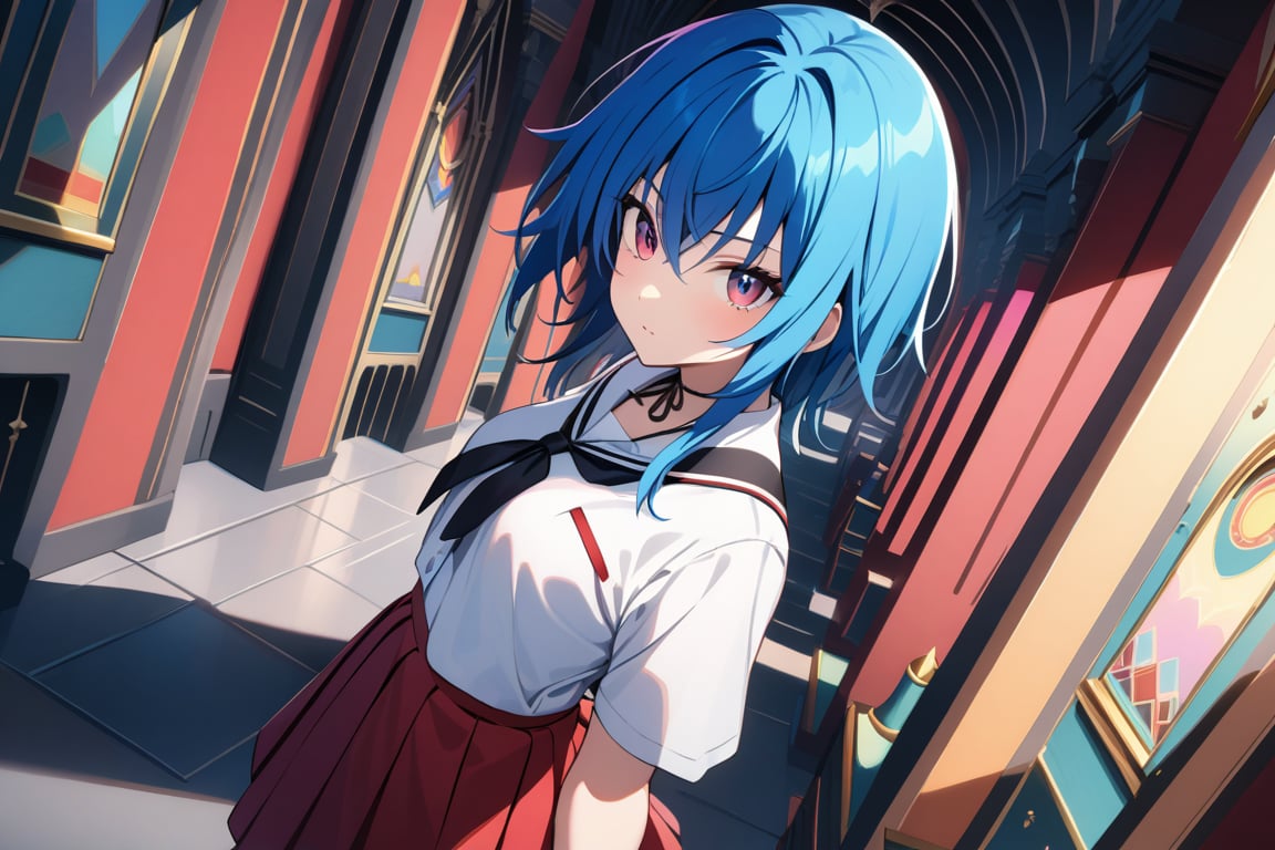 masterpiece, (intricate details), (colorful), extremely detailed, female, blue hair, short, looking at viewer, xenoviaquarta, shirt, ribbon, school uniform, white shirt, black ribbon, ribbon on neck, short sleeves, skirt, red skirt, interior, dark castle, shadows, looking at viewer, alone,