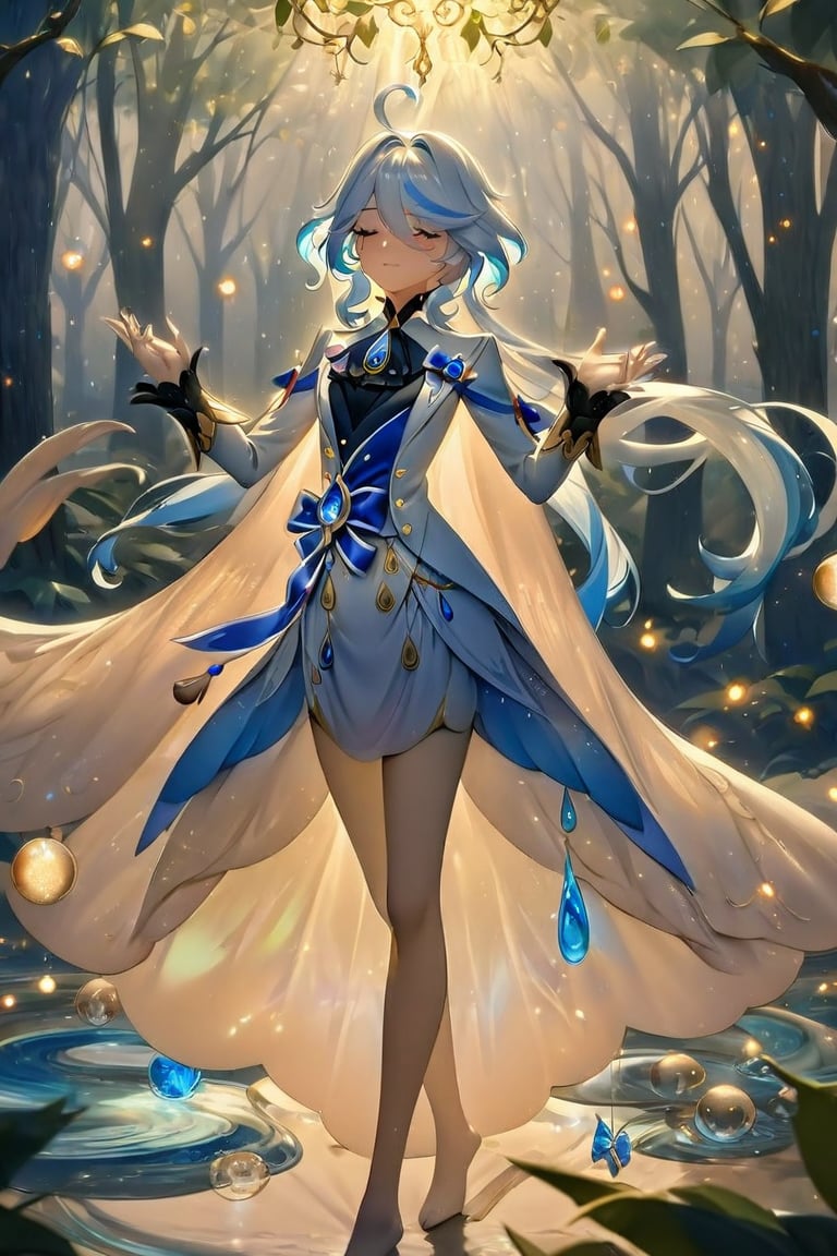 A whimsical and mystical scene: Furina stands amidst a twilight forest, her slender figure draped in a flowing cloak that seems to shimmer with an ethereal glow. The trees surrounding her are adorned with glowing orbs, casting an otherworldly light on her serene expression.