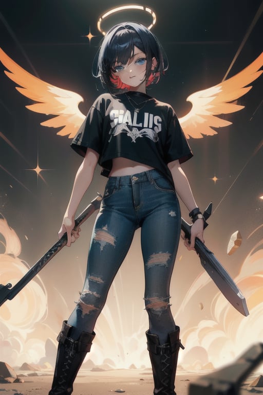 A 13-year-old girl with a short, spiky haircut and a face that radiates 'cute' from every pore. Her bright blue eyes sparkle behind long eyelashes, fringed with innocence. She's dressed in an emo-inspired outfit, complete with ripped jeans, black boots, and a band tee. The subtle cuts on her arms tell the story of a fiery spirit, untamed by societal norms. Surrounded by a halo of attention from boys who can't get enough of her, she stands alone - a gamer girl queen, dominating virtual realms.