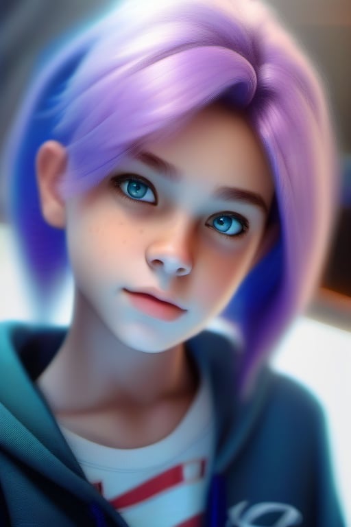 A close-up shot of the 13-year-old gamer girl, framed by a soft focus background to emphasize her striking features. The warm lighting accentuates the bright blue eyes, long eyelashes, and spiky haircut, capturing her 'sexy yet innocent' charm. She gazes directly into the camera, confidence and independence radiating from her very presence. In the foreground, a subtle of hot boys' faces in the background, highlighting her allure and dominance in the virtual world.