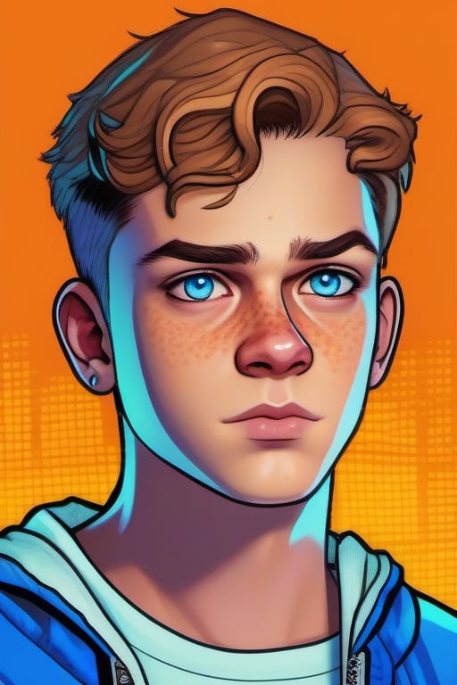 Close-up shot of a 17-year-old boy with an innocent yet sultry expression, his bright blue eyes fixed intently on the screen as he navigates the virtual world of Grand Theft Auto. The warm glow of the TV illuminates his freckled nose and flushed cheeks, creating a sense of youthful energy and curiosity.