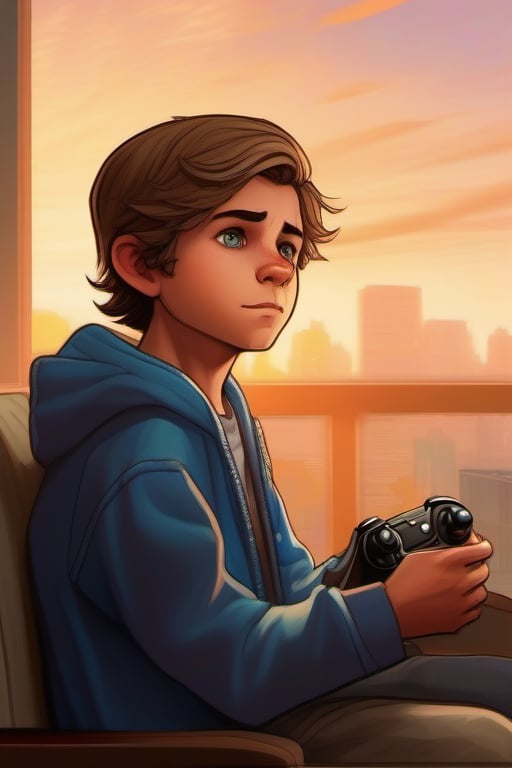 A tender 12-year-old's gaze is fixed intently on the vibrant screen as he navigates the digital world of Grand Theft Auto. His fiery blue eyes sparkle with excitement, his innocent features a perfect blend of youthful charm and subtle sensuality. The room is bathed in soft, golden lighting, casting a warm glow over the boy's tousled hair and the controller cradled in his hands.