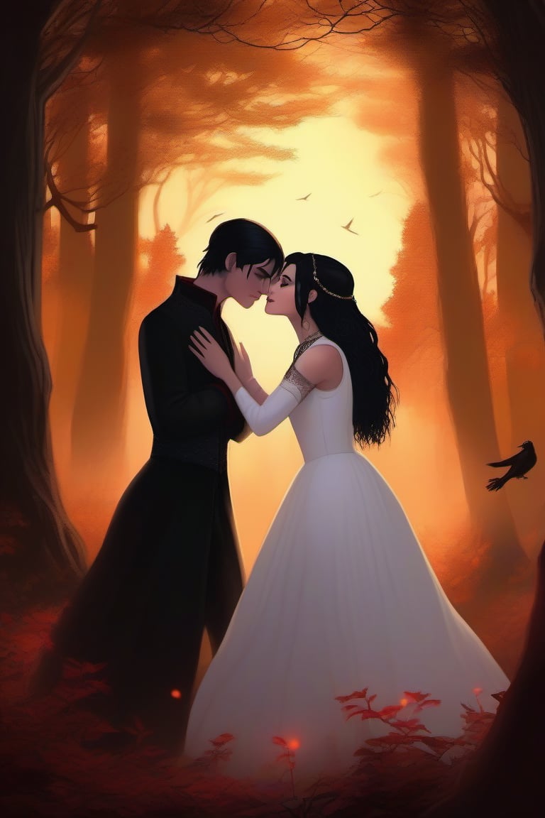 Warm golden sunset casts mystical glow over secluded forest glade, where 15-year-old demon girl's piercing crimson eyes and raven-black hair frame her flowing white gown. Is sharing passionate kiss with 19-year-old vampire boy, his chiseled features illuminated by soft light. Forest's ancient magic swirls around them as their lips meet, air thick with anticipation.