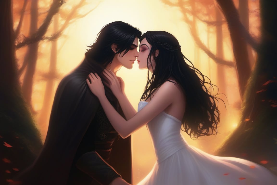 A warm golden sunset casts a mystical glow over a secluded forest glade, where a 15-year-old innocent yet sexy demon girl with piercing crimson eyes and raven-black hair, adorned in a flowing white gown, leans in to share a passionate kiss with a 19-year-old hella sexy vampire boy, his chiseled features illuminated by the soft light. The air is thick with anticipation as their lips meet, the forest's ancient magic swirling around them.