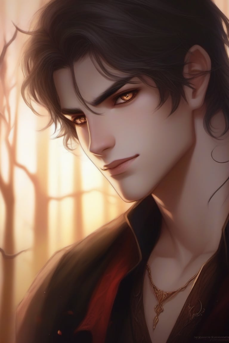 Softly lit close-up captures the tender moment as the 15-year-old vampire boy's bright eyes meet yours, his cheeks flushing dark red as he blushes uncontrollably. His lips curve into a sweet smile, radiating innocence and adoration as he gazes down at you with an unmistakable crush. Golden glow surrounds his face, emphasizing the sincerity of his emotions. you are all he can see with his fangs showing