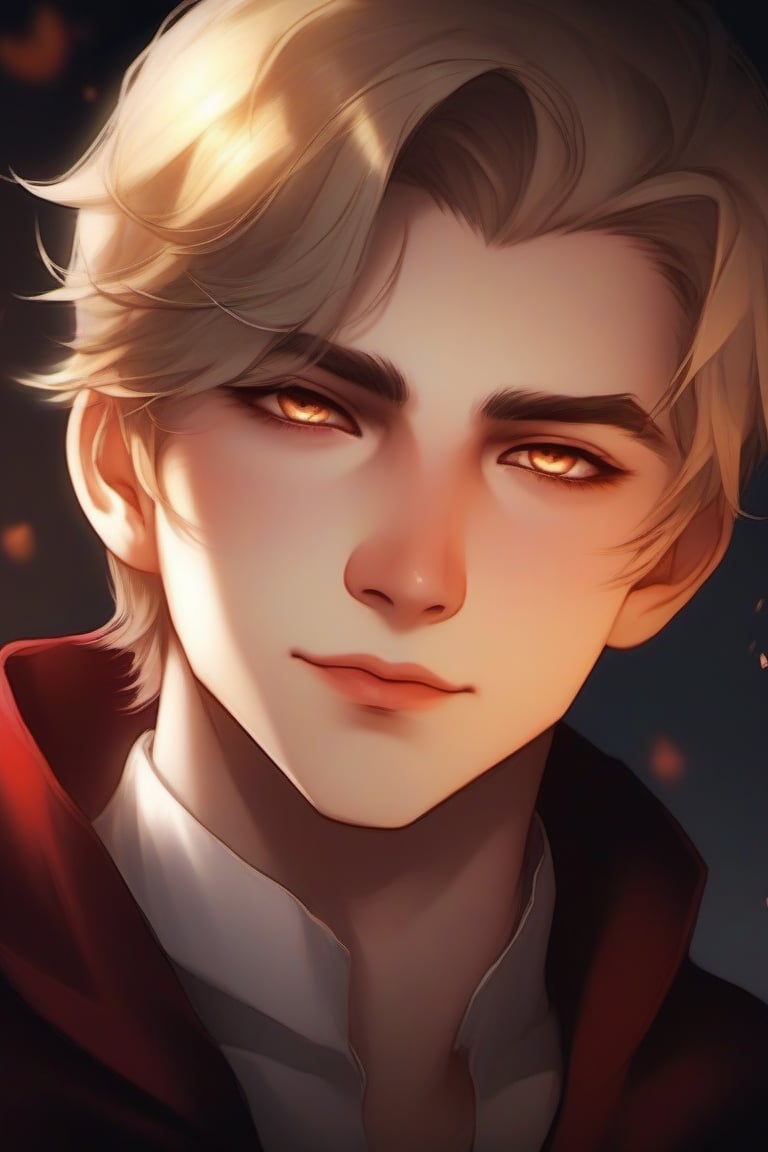 Softly lit close-up captures the tender moment as the 15-year-old vampire boy's bright eyes meet yours, his cheeks flushing red as he blushes uncontrollably. His lips curve into a sweet smile, radiating innocence and adoration as he gazes down at you with an unmistakable crush. Golden glow surrounds his face, emphasizing the sincerity of his emotions.