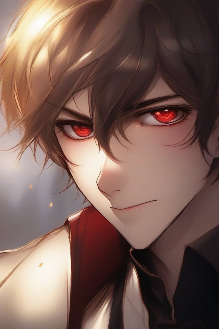 Softly lit close-up captures the tender moment as the 15-year-old vampire boy's bright eyes meet yours, his cheeks flushing dark red as he blushes uncontrollably. His lips curve into a sweet smile, radiating innocence and adoration as he gazes down at you with an unmistakable crush. Golden glow surrounds his face, emphasizing the sincerity of his emotions. you are all he can see 