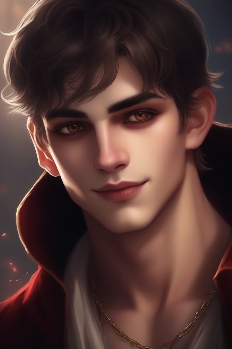 Softly lit close-up captures the tender moment as the 15-year-old vampire boy's bright eyes meet yours, his cheeks flushing dark red as he blushes uncontrollably. His lips curve into a sweet smile, radiating innocence and adoration as he gazes down at you with an unmistakable crush. Golden glow surrounds his face, emphasizing the sincerity of his emotions.