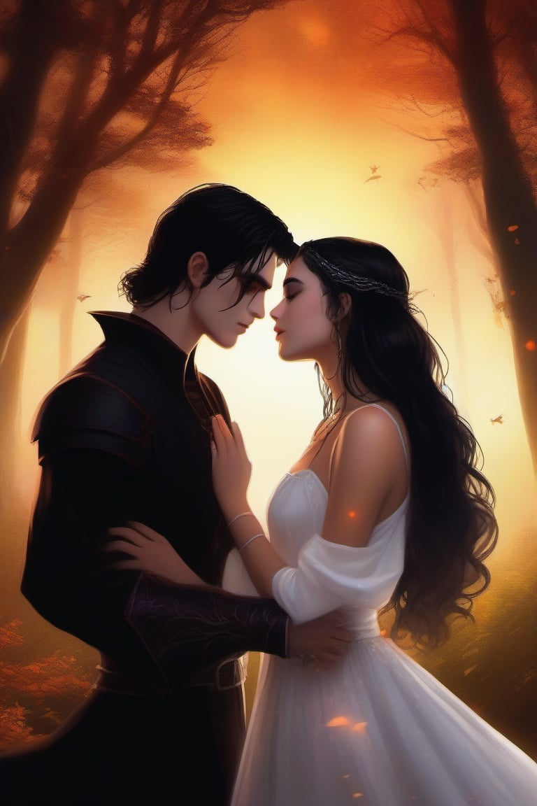 Warm golden sunset casts mystical glow over secluded forest glade, where 15-year-old demon girl's piercing crimson eyes and raven-black hair frame her flowing white gown. Is sharing passionate kiss with 19-year-old vampire boy, his chiseled features illuminated by soft light. Forest's ancient magic swirls around them as their lips meet, air thick with anticipation.