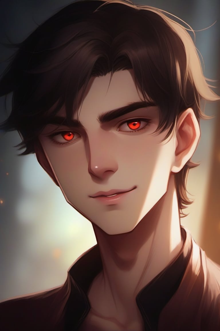 Softly lit close-up captures the tender moment as the 15-year-old vampire boy's bright eyes meet yours, his cheeks flushing dark red as he blushes uncontrollably. His lips curve into a sweet smile, radiating innocence and adoration as he gazes down at you with an unmistakable crush. The golden glow surrounding his face emphasizes the sincerity of his emotions, while his fangs subtly peeking out and his tongue lingering on his lips add a playful, nervous energy to the scene.