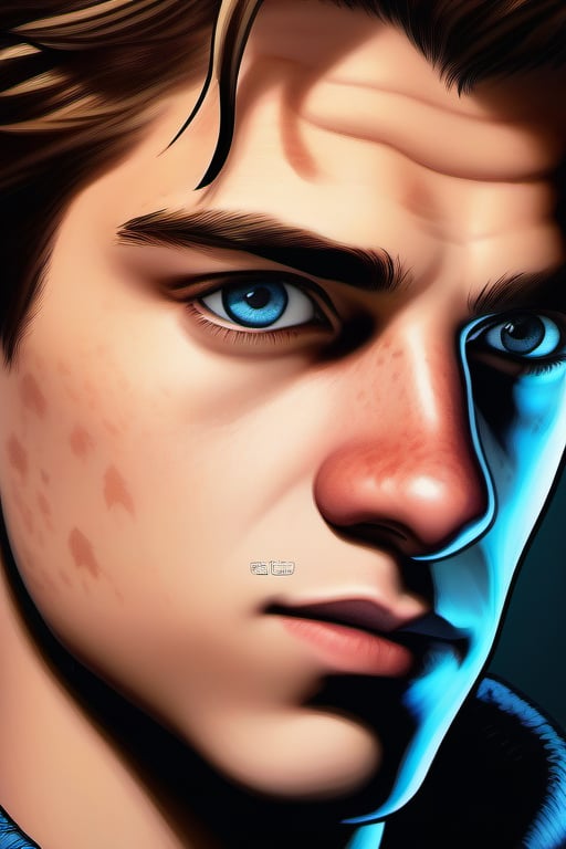 Close-up shot of a 17-year-old boy with an innocent yet sexy, his bright blue eyes fixed intently on the screen as he navigates the virtual world of Grand Theft Auto. The warm glow of the TV illuminates his freckled nose and flushed cheeks, creating a sense of youthful energy and curiosity.