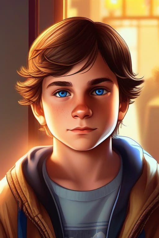 A tender 12-year-old's gaze is fixed intently on the vibrant screen as he navigates the digital world of Grand Theft Auto. His fiery blue eyes sparkle with excitement, his innocent features a perfect blend of youthful charm and subtle sensuality. The room is bathed in soft, golden lighting, casting a warm glow over the boy's tousled hair and the controller cradled in his hands.