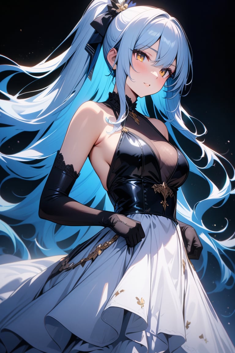 masterpiece,best quality,ultra-detailed,4k,1girl,long hair,blue light hair,high ponytail,dragon girl,gold eyes,basic background,beuatiful dress black