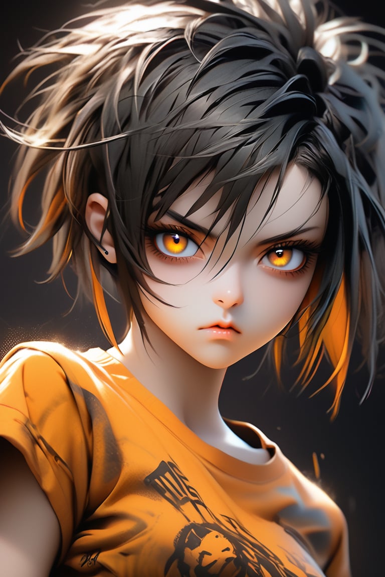 Generate hyper realistic close portrait of a beautiful girl, short messy black hair with a punk cut, dark background, orange t-shirt, very detailed beautiful eyes. Very detailed, provocative face, (dynamic provocative pose),   soft colors artwork, hight detailed,