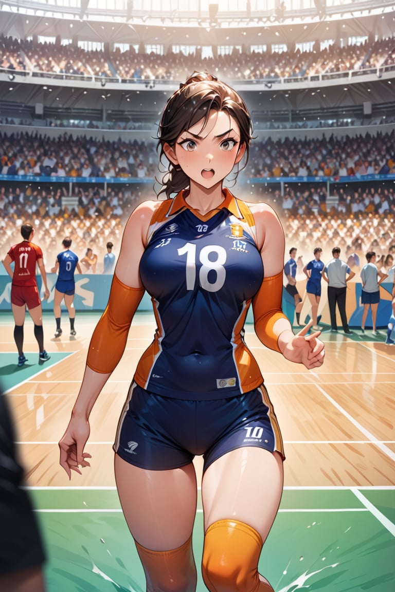 Masterpiece, detailed image, Hight resolution, a woman, belly button, dynamic feeling, volleyball uniform, volleyball court, volleyball, spikes, jump, many spectators in the background, large arena