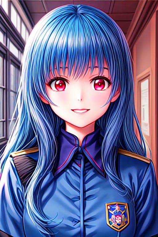 best quality,masterpiece,1girl,gyaru,light skin,uniform school blue,long hair,blue hair,bangs,smile,eyes red,collar,high detail eyes,school background