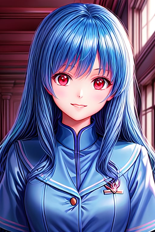 best quality,masterpiece,1girl,gyaru,light skin,uniform school blue,long hair,blue hair,bangs,smile,eyes red,collar,high detail eyes,school background