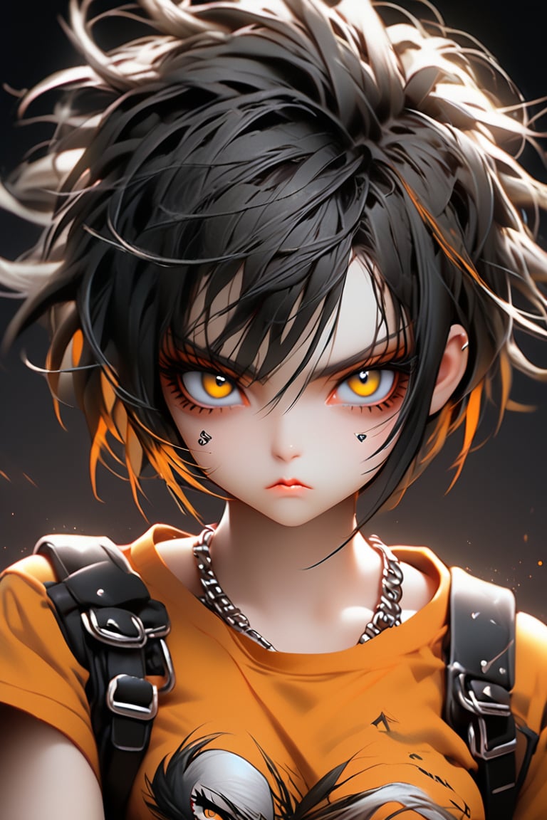 Generate hyper realistic close portrait of a beautiful girl, short messy black hair with a punk cut, dark background, orange t-shirt, very detailed beautiful eyes. Very detailed, provocative face, (dynamic provocative pose),   soft colors artwork, hight detailed,