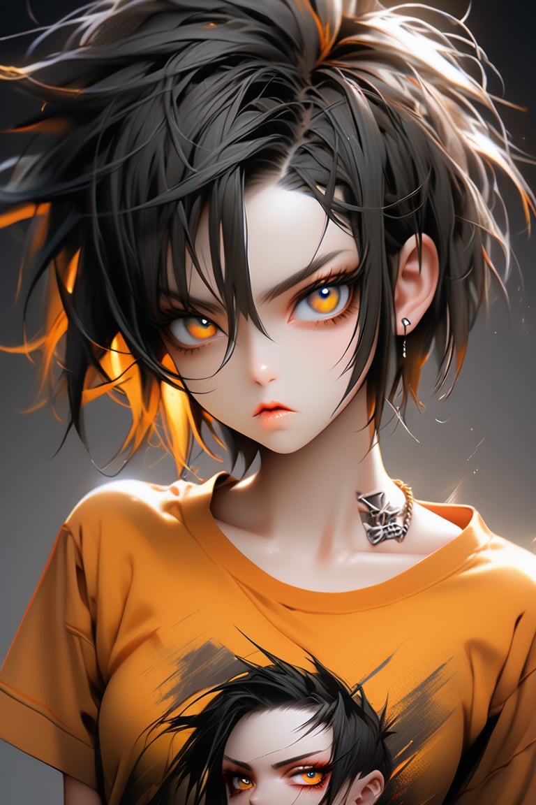 Generate hyper realistic close portrait of a beautiful girl, short messy black hair with a punk cut, dark background, orange t-shirt, very detailed beautiful eyes. Very detailed, provocative face, (dynamic provocative pose),   soft colors artwork, hight detailed,