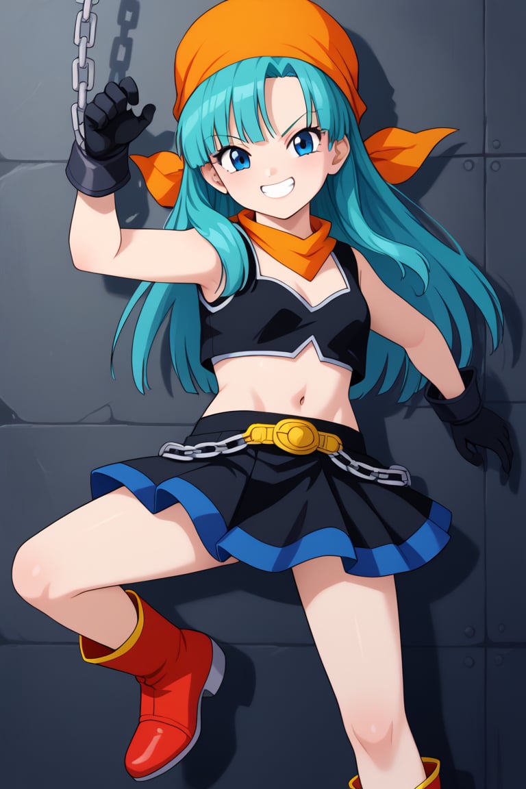 best quality, (masterpiece),(ultra-detailed), (high quality), (high resolution), , 1girl, aqua hair, black gloves, black skirt, blue eyes, boots, brapan, chain, crop top, gloves, grin, long hair, midriff , red footwear, shirt, skirt, solo,bandana,