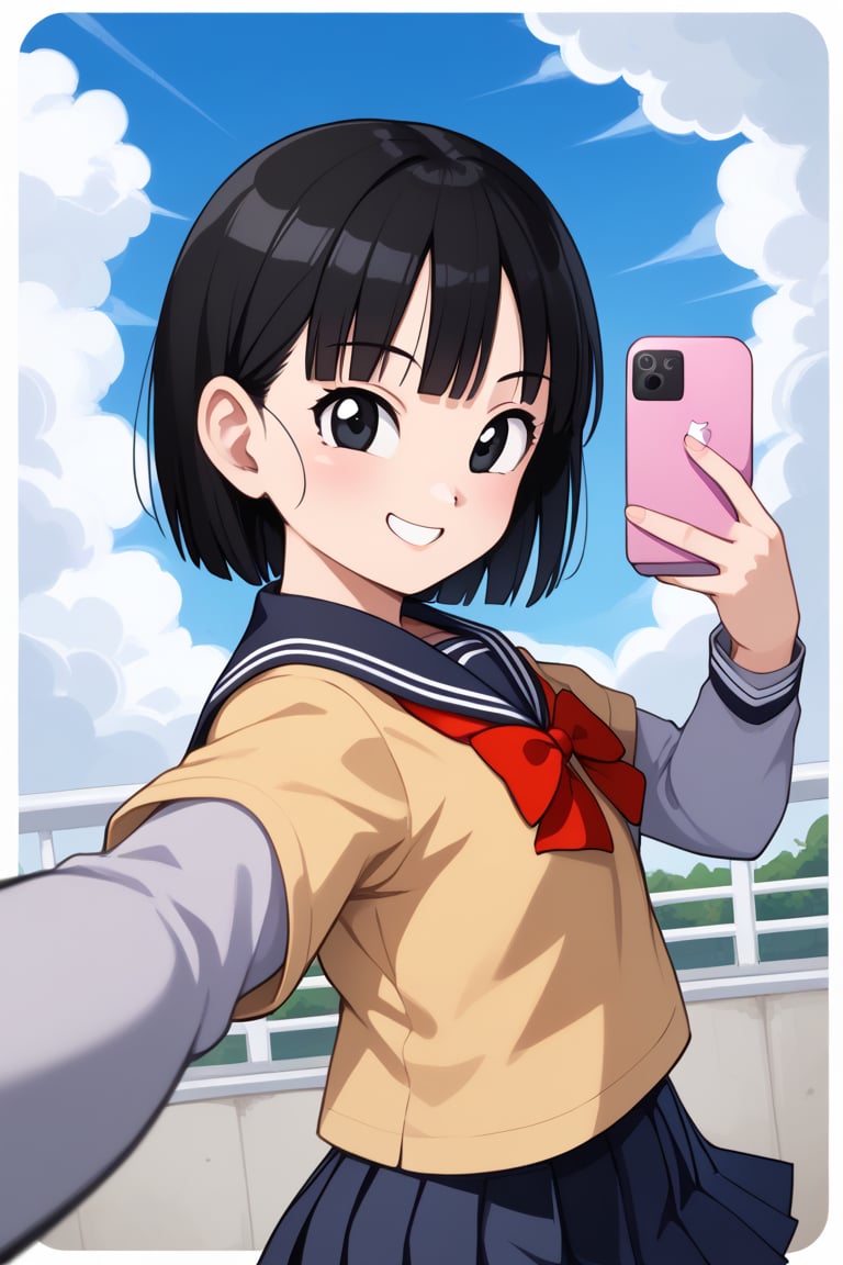 masterpiece, , 1 girl, solo, short black hair, (black eyes), pan, front view, school uniform, selfie, full body, slight smile, portrait, side view, blue sky, cloud, schoolyard, ,