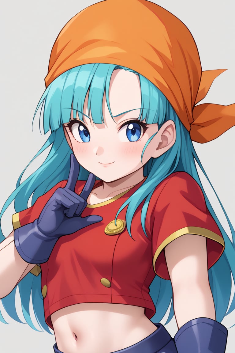 best quality, (masterpiece),(ultra-detailed), (high quality), (high resolution), , 1girl, aqua hair, blue eyes, brapan, gloves, long hair, red shirt, solo,bandana, upper body, short sleeves, navel, skirt,