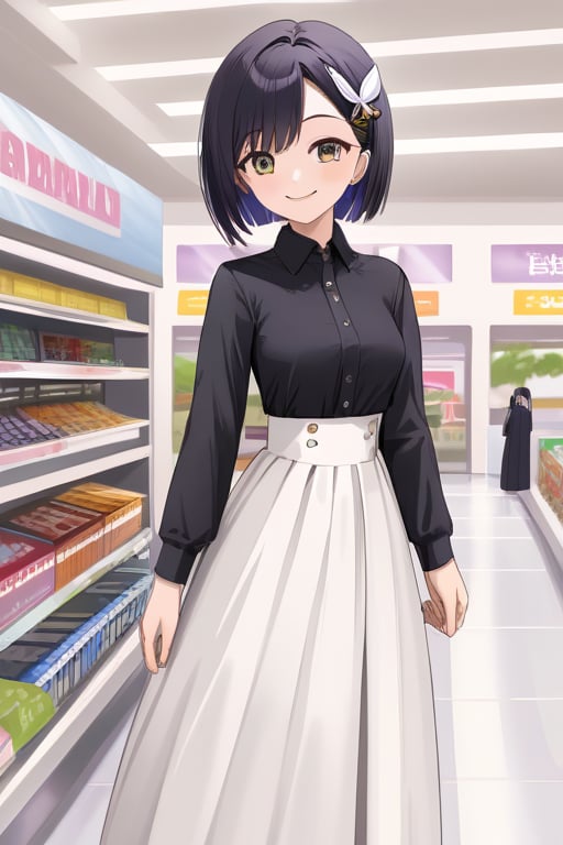 masterpiece, best quality, absurdres, perfect anatomy, 1girl, solo, Rinwell, short hair, hair ornament, high-waist skirt, long skirt, white skirt, black shirt, long sleeves, smile, standing, indoors, shopping mall