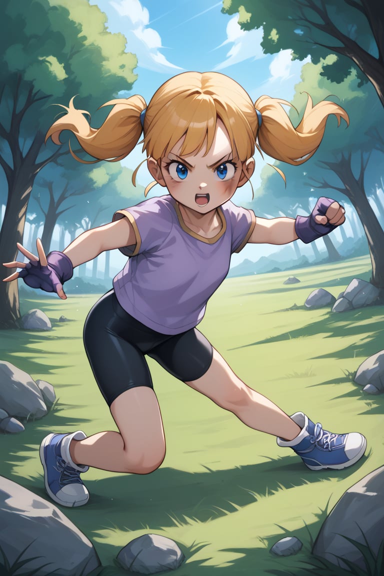 Videl, 1girl, blue eyes, shadows, blue eyes, pigtails, white shirt, purple shirt, , masterpiece, best quality, absurdres, perfect lighting, score_9, score_8_up, score_7_up source_anime, fighting pose, fingerless gloves, bike shorts, open field, trees, rocks, looking at viewer, scratches