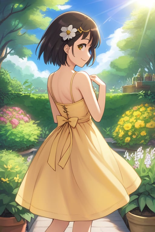 masterpiece, best quality, absurdres, perfect anatomy, 1girl, solo, Rinwell, short hair, hair ornament, from behind, sundress, yellow sundress, garden, day, sunshine, smile, looking back