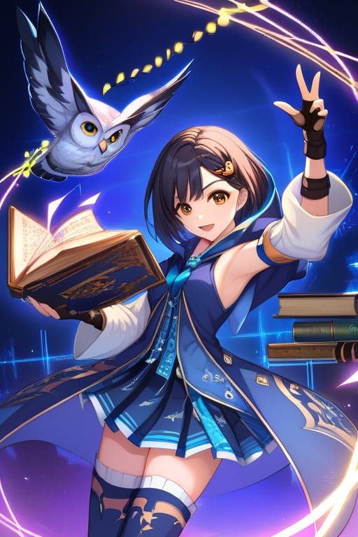 masterpiece, best quality, highres, 1girl, (large open book:1.2), owl, Rinwell, dynamic pose, short hair, hair ornament, skirt, thighhighs, fingerless gloves, detached sleeves, hood down, sleeveless, coat, dancing lights, looking at viewer, thunder