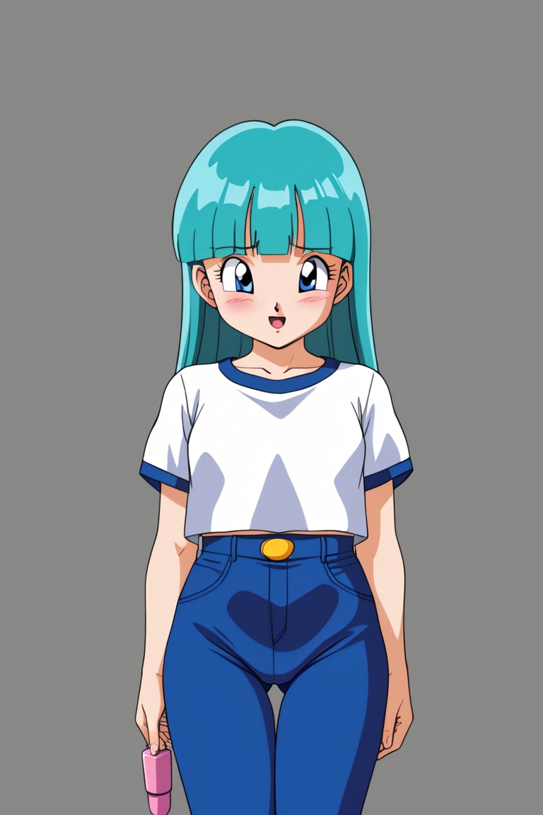 (8k, best quality, masterpiece:1.2), retro artstyle,upper body, maron,blue eyes, aqua hair, blunt bangs, Low crotch pants , Vibrating Sleeve 