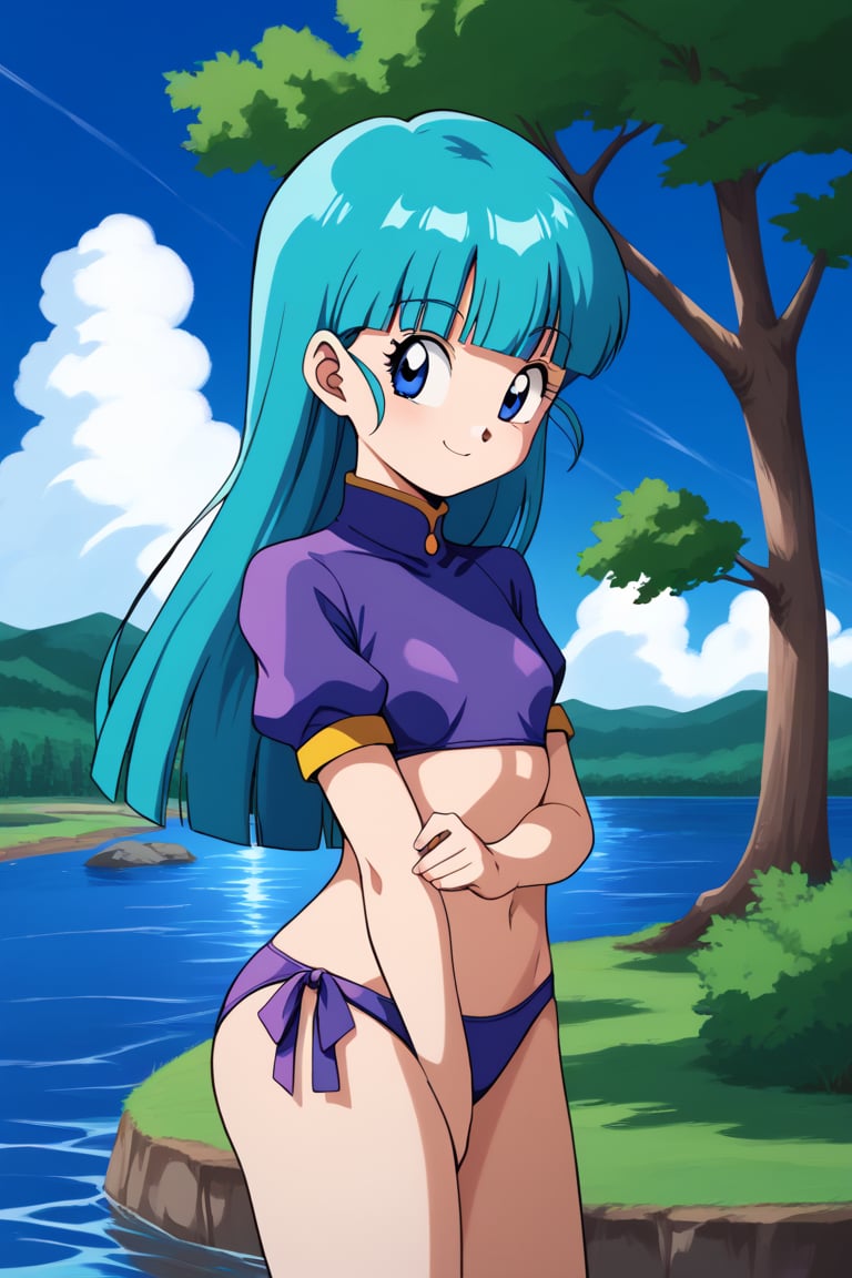 best quality, masterpiece,retro artstyle,maron, cloud, outdoors, day, blue sky,tree, 1girl, (purple bikini), aqua hair, blue eyes,water, lake,smile,(white short shrug \(clothing\):1.2),long hair,blunt bangs,short sleeves 