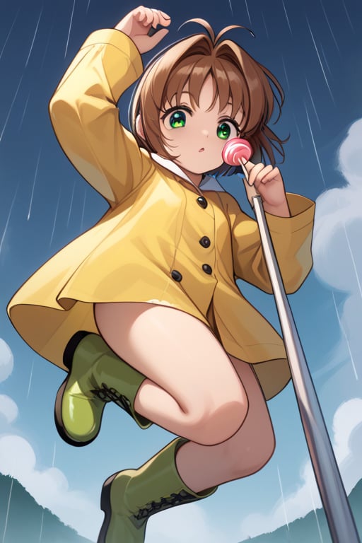 score_9, score_8_up, score_7_up, source_anime, ((masterpiece)), ultra detailed, best quality, 8k, high resolution, a girl, 12 year old girl, small chest, ultra detailed face, ultra detailed eyes, 1 girl, kinomoto sakura, antenna hair, brown hair, short hair, green eyes, 1 of the 5 cute fingers is a thumb and natural shape, not 6 or more undeformed fingers, jumping, the road is getting wet, yellow raincoat, holding an umbrella in the right hand and holding a lollipop in the left hand, rain boots, electric pole, rainy day, from below, nanasemei