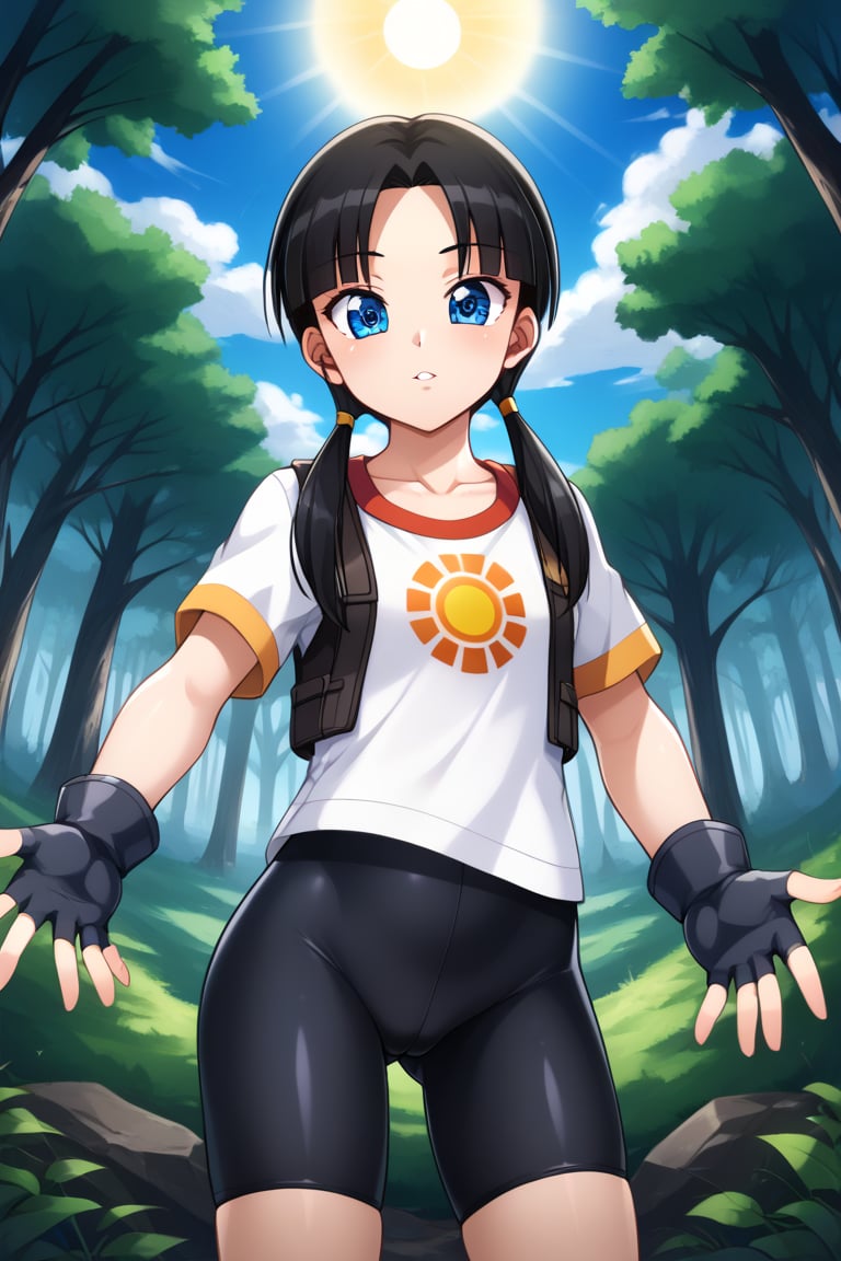 videl, , videl, black hair, blue eyes, eyelashes, (parted bangs:1.5), twintails,BREAK bike shorts, black gloves, black legwear, collarbone, fingerless gloves, gloves, shirt, short sleeves, white shirt,BREAK outdoors, nature, forest, sun, sky, clouds,BREAK looking at viewer, (cowboy shot:1.5),BREAK , (masterpiece:1.2), best quality, high resolution, unity 8k wallpaper, (illustration:0.8), (beautiful detailed eyes:1.6), extremely detailed face, perfect lighting, extremely detailed CG, (perfect hands, perfect anatomy),