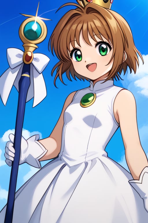 masterpiece, best quality, highres, kinomoto sakura, 1girl, brown hair, short hair, antenna hair, ahoge, crown, green eyes, white dress, sleeveless, white gloves,, holding staff, smile, open mouth, cowboy shot, blue sky,